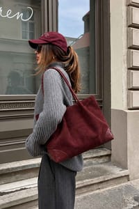 Bordo Örgü Detaylı Süet Tote Çanta