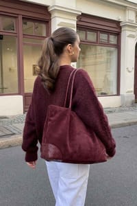 Bordo Örgü Detaylı Süet Tote Çanta