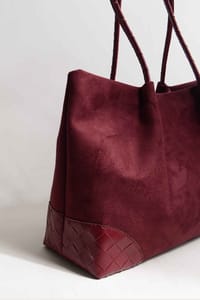 Bordo Örgü Detaylı Süet Tote Çanta