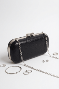 Siyah Gümüş Örgü Derili Zincirli Metal Kapaklı Clutch Çanta
