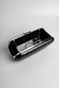 Siyah Gümüş Örgü Derili Zincirli Metal Kapaklı Clutch Çanta
