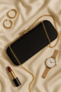 Siyah Kadın Saten Gold Kapaklı Clutch Abiye Çanta