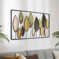 Bilgen Büyük Boy Metal Duvar Tablosu 114x60 cm – El Boyaması Botanik Yaprak Tasarımı, Yeşil ve Altın Tonlar