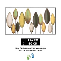 Bilgen Büyük Boy Metal Duvar Tablosu 114x60 cm – El Boyaması Botanik Yaprak Tasarımı, Yeşil ve Altın Tonlar