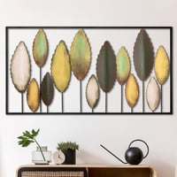 Bilgen Büyük Boy Metal Duvar Tablosu 114x60 cm – El Boyaması Botanik Yaprak Tasarımı, Yeşil ve Altın Tonlar