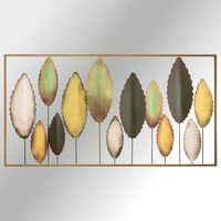 Bilgen Gold Çerçeveli El Boyaması Metal Yapraklar Duvar Tablosu 114x60 cm | Yeşil, Altın ve Krem Modern Duvar Dekoru
