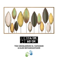 Bilgen Gold Çerçeveli El Boyaması Metal Yapraklar Duvar Tablosu 114x60 cm | Yeşil, Altın ve Krem Modern Duvar Dekoru