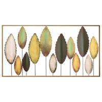 Bilgen Gold Çerçeveli El Boyaması Metal Yapraklar Duvar Tablosu 114x60 cm | Yeşil, Altın ve Krem Modern Duvar Dekoru
