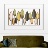 Bilgen Gold Çerçeveli El Boyaması Metal Yapraklar Duvar Tablosu 114x60 cm | Yeşil, Altın ve Krem Modern Duvar Dekoru