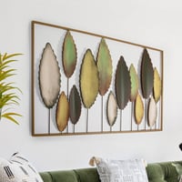 Bilgen Gold Çerçeveli El Boyaması Metal Yapraklar Duvar Tablosu 114x60 cm | Yeşil, Altın ve Krem Modern Duvar Dekoru