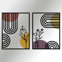 Boho Tarzı Geometrik ve Botanik Ahşap Detaylı Metal Tablo Seti