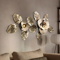 Gold Yaprak ve Çiçek Desenli El Yapımı Metal Duvar Tablosu – Lüks Salon Dekorasyonu 100x55 cm