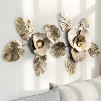 Gold Yaprak ve Çiçek Desenli El Yapımı Metal Duvar Tablosu – Lüks Salon Dekorasyonu 100x55 cm