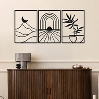 Path of Light Üç Parça Boho Esintili, Çiçek ve Dağ Motifli Soyut Metal Duvar Dekorasyon Seti, Ev, Ofis ve Oteller İçin Metal Tablo