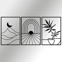 Path of Light Üç Parça Boho Esintili, Çiçek ve Dağ Motifli Soyut Metal Duvar Dekorasyon Seti, Ev, Ofis ve Oteller İçin Metal Tablo
