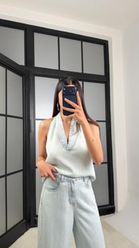 Buz Mavi Halter Yaka Tencel Denim Takım GAUS-01520GAUSTAKIMGAUS-01520