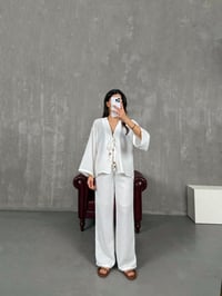 Beyaz Önden Bağlamalı Keten Kimono Takım Gaus00101GausTAKIMGU1001221