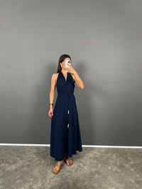 Aren Lacivert Boyundan Geçirmeli Uzun Keten Elbise GausELBİSEGU008786