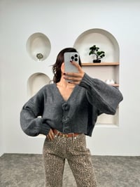 Meda Gri Gül Düğmeli Balon Kol HırkaGausHIRKAGU00903581