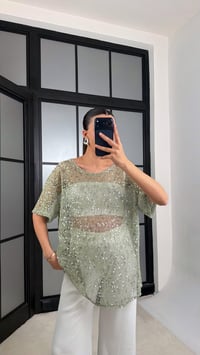 Mint Yeşili Muadil Pul İşleme Detaylı İthal Oversize Tshirt GAUS-01187GAUSTshirtGAUS-01187