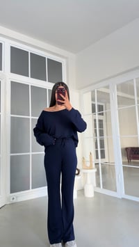 Lacivert Kayık Yaka Bluz Beli Lastikli Pantolon İkili Modal Takım GAUS-02168GAUSTAKIMGAUS-02168