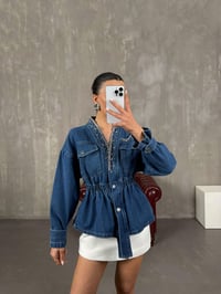 Mavi Boncuk İşlemeli Belden Lastikli Denim Tasarım Ceket Gaus00028GausCEKETGU1001062