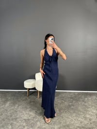 Lacivert Boyundan Bağlamalı Puantiyeli Elbise GausELBİSEGU007939