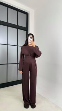 Kahve Yarasa Kol Bluz Beli Lastikli Pantolon Tasarım Modal Takım GAUS-00572GAUSTAKIMGAUS-00572
