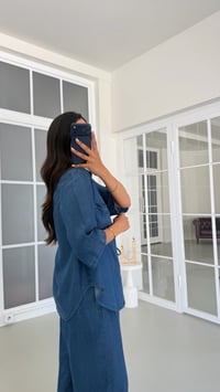 Koyu Mavi Gömlek Beli Lastikli Pantolon İkili Tencel Denim Takım GAUS-01791GAUSTAKIMGAUS-01791