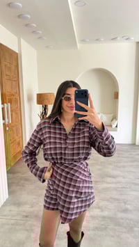 Bordo Düğmeli Ekose Desenlii Muadil Gömlek Elbise GAUS-00877GAUSDressesGAUS-00877