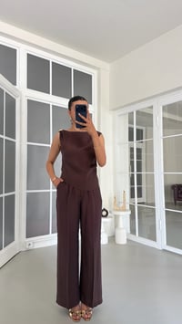 Kahve Gold Toka Detaylı Bluz Pantolon İkili Tencel Takım GAUS-01825GAUSSuitsGAUS-01825