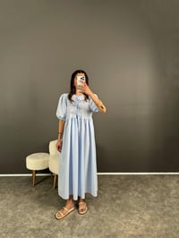 Dimitra Mavi Önden Bağlamalı Balon Kol ElbiseGausELBİSEGU008024