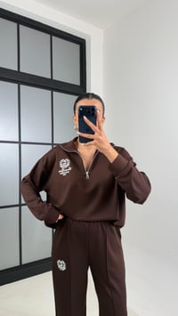 Kahve Fermuarlı Baskılı Sweatshirt Beli Lastikli Eşofman İkili Takım GAUS-00597GAUSTAKIMGAUS-00597