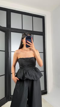 Siyah Balon Bluz Beli Lastikli Şalvar Pantolon İkili Premium Takım GAUS-01569GAUSTAKIMGAUS-01569