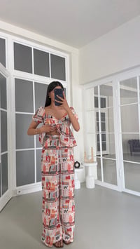 Çok Renkli Balon Kol Bluz Pantolon Desenli Keten Takım GAUS-01758GAUSTAKIMGAUS-01758