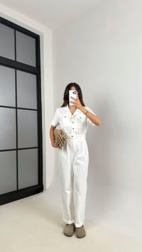 Beyaz Cep Detaylı Düğmeli İnce Denim Tulum Gaus00529GausTULUMGU1002239