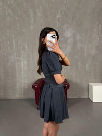 Antrasit Kısa Balon Kollu Kuşaklı İnce Denim Elbise Gaus00149GausELBİSEGU1001347