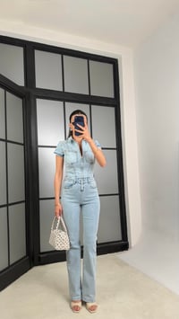 Açık Mavi İspanyol Paça Likralı Denim Tulum GAUS-01466GAUSTULUMGAUS-01466