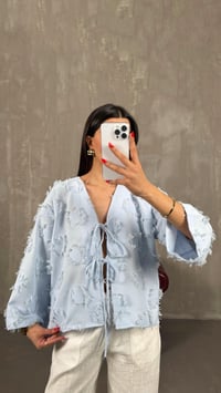 Mavi Zenit Püskül Detaylı Bağlamalı Keten  Gömlek GAUS-01147GAUSGÖMLEKGAUS-01147