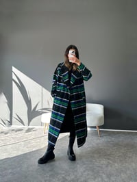 Premium Mavi Ekose Astarlı Uzun Kaban GausKABANGU002856