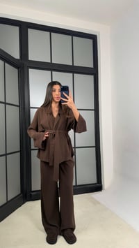 Acı Kahve Kuşaklı Ceket Beli Lastikli Pantolon Tencel Takım GAUS-01128GAUSTAKIMGAUS-01128