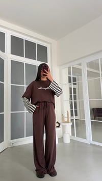 Kahve Kolu Şeritli Tshirt Beli Lastikli Pantolon İkili Modal Takım GAUS-02227GAUSTAKIMGAUS-02227