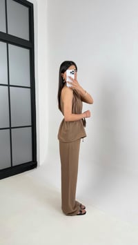 Kahve Önü Bağlamalı Kuşaklı Yelek Beli Lastikli Cepli Pantolon Keten Takım Gaus00410GausTAKIMGU1001958