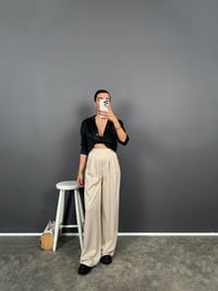 Rita Bej Beli Lastikli Cep Detaylı Saten PantolonGausPANTOLONGU008919