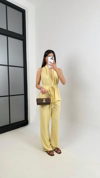 Sarı Önü Bağlamalı Kuşaklı Yelek Beli Lastikli Cepli Pantolon Keten Takım Gaus00410GausTAKIMGU1001956