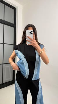 Siyah Dalga Desen Püskül Detaylı Denim Tasarım Takım Gaus00342GausTAKIMGU1001796