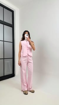 Pembe Düğmeli Tasarım Yelek Pantolon Keten Takım Gaus00339GausTAKIMGU1001790