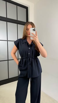 Lacivert Vatkalı Beli Lastikli Kuşaklı Yelek Pantolon İkili Takım GAUS-00986GAUSTAKIMGAUS-00986