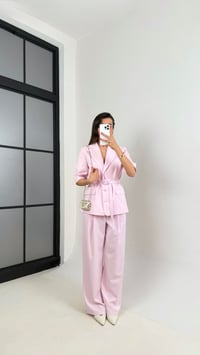 Pembe Yarım Kol Astarlı Vatkalı Kemerli Ceket Pantolon İkili Premium Takım Gaus00453GausTAKIMGU1002059