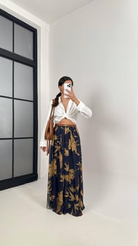 Lacivert Kahve Baskılı Maxi Boy Astarlı Şifon Etek Gaus00349GausETEKGU1001814